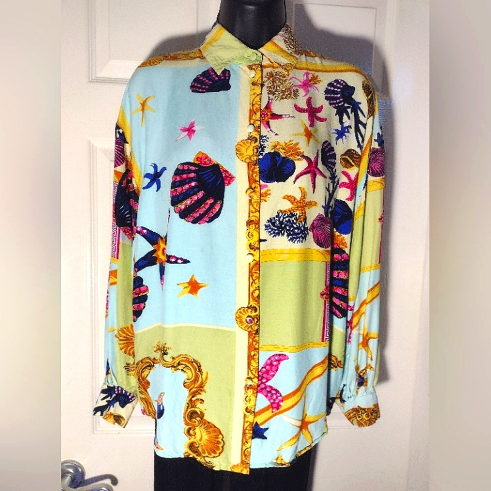 Seashell + Ocean Motif Baroque Print Vintage Blouse